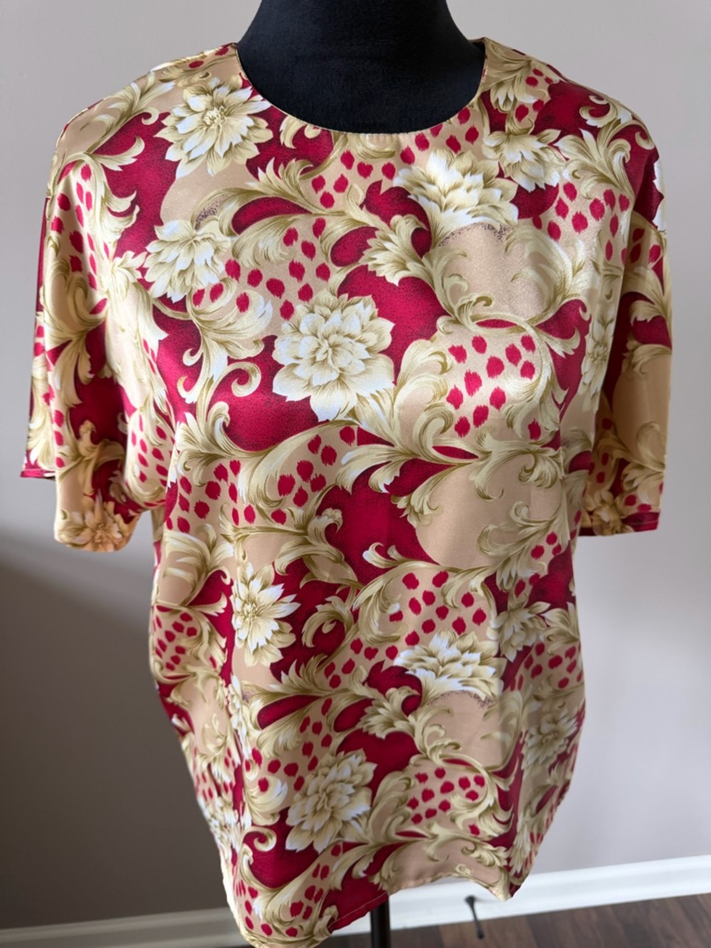 🟢 Robbie Sport Vintage Classic Red Beige Print Short Sleeve Blouse Size 10